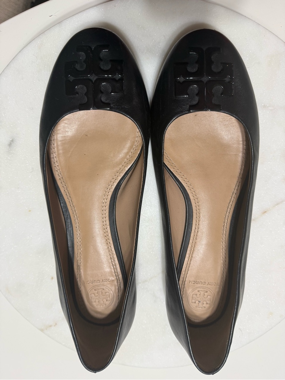 Tory Burch Black Leather Logo Round-Toe Ballet Flats - Picture 3 of 4